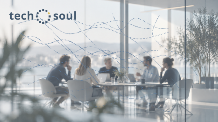 Conceptual product planning meeting in a glass office, with blue-gray dotted network strands and the Techosoul wordmark.
